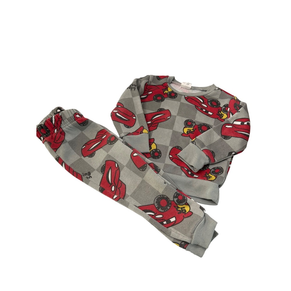 Disney Pixar Cars Lightning McQueen 2T Sweatshirt Pants Set Grey Checkered 2pc